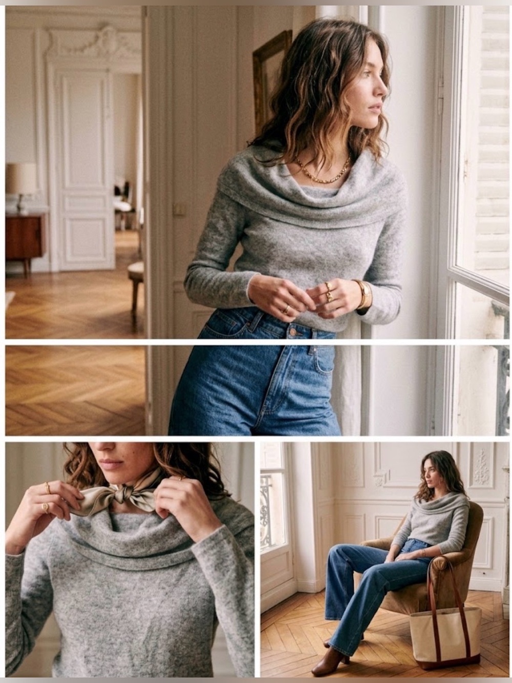 SEA BLEU Grey Wool Cashmere Cowl Neck Sweater Size S French Girl Quiet Luxury